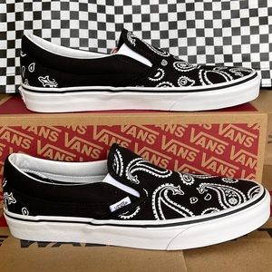 Vans Black and White Paisley Slip-On Sneakers